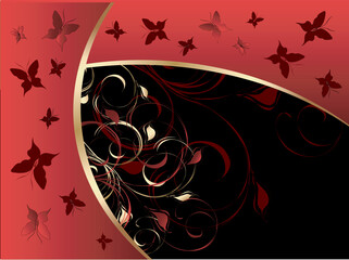 Black horizontal background with floral ornament and butterfiles