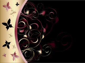 Black horizontal background with floral ornament and butterfiles