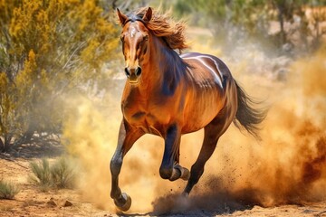 A powerful brown horse is running. - obrazy, fototapety, plakaty