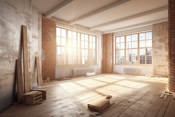 Apartment interior renovations in unfinished bright room with window, brick walls, wooden floor, and mockup area. Generative AI