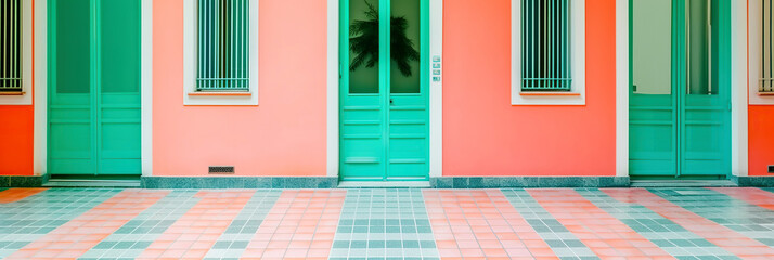 Colorful vibrant pink building with turquoise doors. Minimalist architecture background. Created with generative Ai