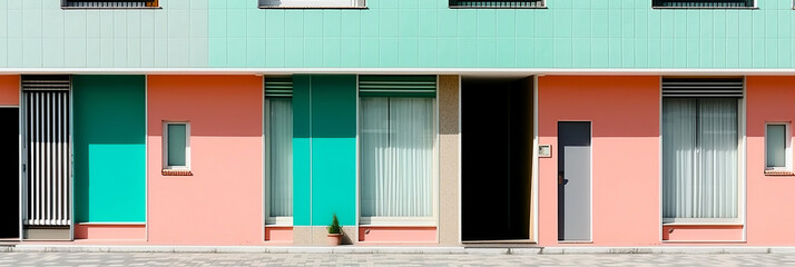 Colorful vibrant pink and turquoise building with door at sunny day. Summer minimalist architecture background. Created with generative Ai