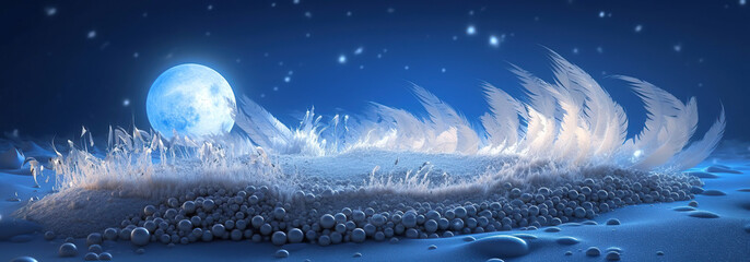 Beautiful night scene background, white and soft feathers on the blue ice. Created with generative Ai