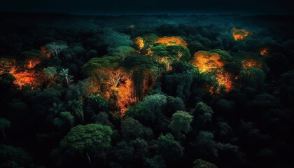 Fototapeta na wymiar Glowing fire ignites the dark forest mystery generated by AI