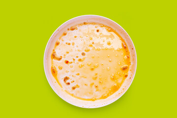 Dirty dish on green background. Top view