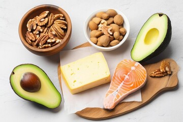 Keto diet food ingredients. Ketogenic diet. Healthy eating food. Keto food: eggs, avocado, bacon, hummus, butter. Healthy fats concept.