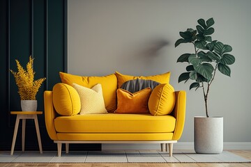 Modern living room with a cozy couch. Generative AI