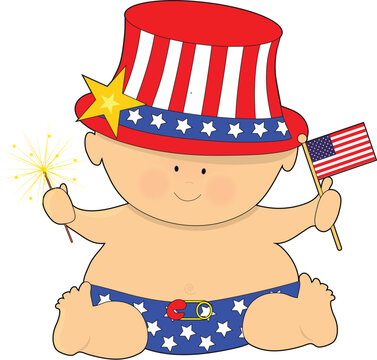 A cute baby holding the American Flag on the Fourth of JUly