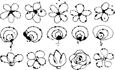 Vector set of black-and-white ink flowers