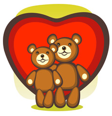 Two bears and heart on a green background.