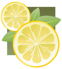 Stylized lemon slices and leaves on a dark background.