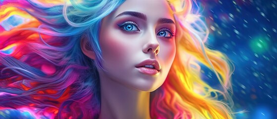 Obraz na płótnie Canvas woman in rainbow colored hair, luminous palette, oil paintings, glowwave artwork