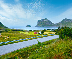 Haukland coast summer cloudy view (Norway, Lofoten).