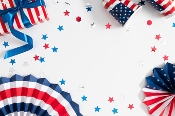 4th of July, USA Presidents Day, Independence Day. Paper fan, gift with  bow, confetti, paper cups...