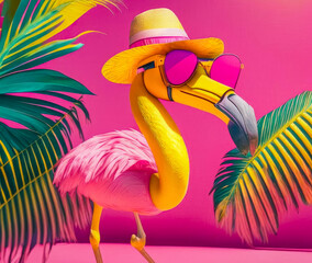 Bright pink flamingo in sunglasses and a hat. Generative AI