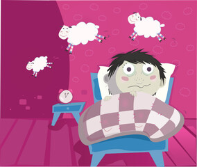 Small boy can't sleep. Vector Illustration.