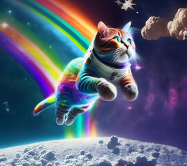 An image of an astronaut cat in a colorful galaxy of bubbles on another planet.