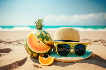 Fototapeta na wymiar Summer vacation concept on a sandy tropical beach with a straw hat, sunglasses, and melon fruit. Generative AI