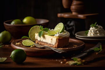 Key Lime Pie. Piece on a plate. Generative AI.