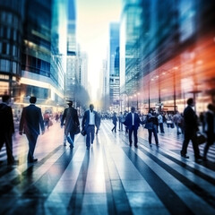 Dynamic motion of urban professionals walking through cityscape, generative AI
