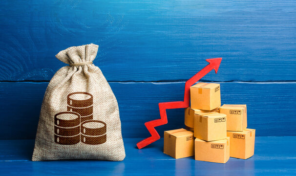 Big money bag with boxes and up arrow. Income increase, acceleration and growing of economy. High sales. Production rise. Growing transportation prices. Good consumer sentiment and demand for goods.