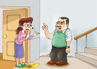 man and woman arguing in front of the door, quarrel, argument, communication, angry people