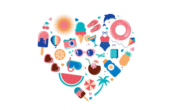 Summertime vibes heart design with cute summer beach doodles and icons. Feel the summer vector graphic elements collection.