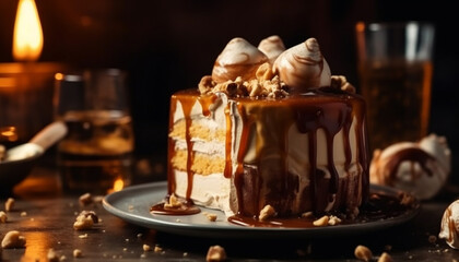 Foreground focus on fresh baked chocolate pastry generated by AI