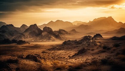 Fototapeta na wymiar Majestic mountain range back lit by sunset generated by AI