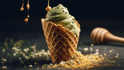 Indulgent homemade ice cream cone with caramel generated by AI