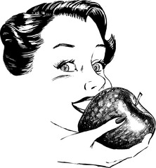 Vintage 1950s etched-style woman eating an apple.  Detailed black and white from authentic hand-drawn scratchboard.
