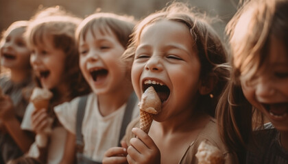 Smiling children holding ice cream, enjoying summer generated by AI - obrazy, fototapety, plakaty