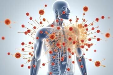 Immune system. A complex network of organs, cells and proteins that defends the body against infection, whilst protecting the body's own cells. Virus, healthy, medical, bacteria. Generative AI