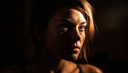 Fototapeta premium Young adult female looking at camera sadly generated by AI