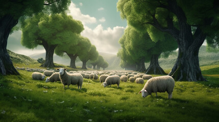 A flock of sheep gracefully roaming in a lush green pasture Generative AI - obrazy, fototapety, plakaty