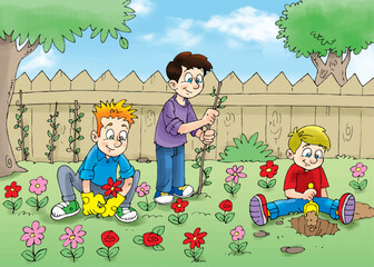 children planting flowers in the garden, environmental child, greenery, trees, flowers, soil, boy, watering, red flower, leaves, fences