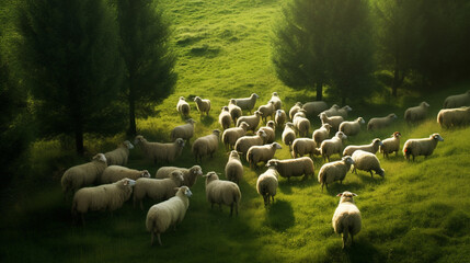 A flock of sheep gracefully roaming in a lush green pasture Generative AI - obrazy, fototapety, plakaty
