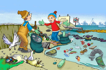 environmental pollution, sea pollution, children cleaning the environment, cleaning, garbage, child, sea, beach, seagull, birds, fish, nature, recycling, plastic