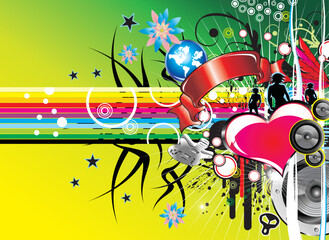 Abstract grunge background Flower, heart, rainbow and music.