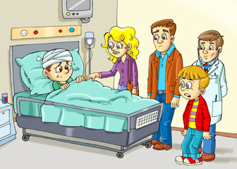 sick child in hospital, patient visit, family visit, mother, father, sibling, illness, injury