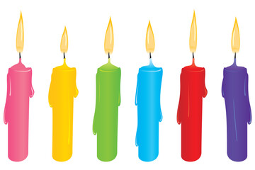 Set of six colourful candles.  Isolated on white and grouped for easy editing.