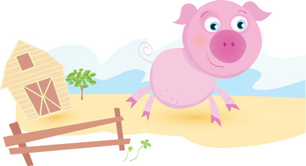 Obraz na płótnie Canvas Funny animal with farmhouse in background. Vector cartoon Illustration.