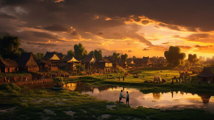 Fototapeta premium A stunning sunset over a picturesque village celebrating Eid Generative AI