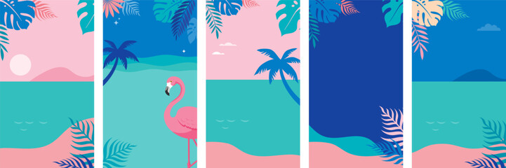 Fototapeta na wymiar Vertical social media summer stories design templates with copy space for text. Tropical landscape backgrounds for banner, greeting card, poster and advertising - summertime vibes concept.