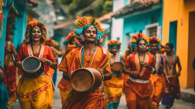 A vibrant street procession with traditional music and dance Generative AI