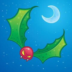 Fototapeta na wymiar The holly goblin is a mystical creature with holly leaves for wings and a berry for a head. They are often seen around the winter holidays attacking those with no holiday spirit. Drawn in a humorous c