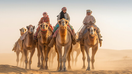 A group of children happily riding on beautifully adorned camels Generative AI