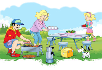 family having picnic in the forest, mother, father, child, dog, barbecue fire, cooking meat, forest, grass, trees