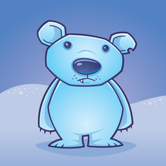 Cute polar bear cub standing in a snow covered landscape drawn in a humorous cartoon style.