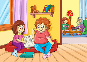 children studying at home, students studying, grandma, mother, mathematics, lesson, obese child, mattress